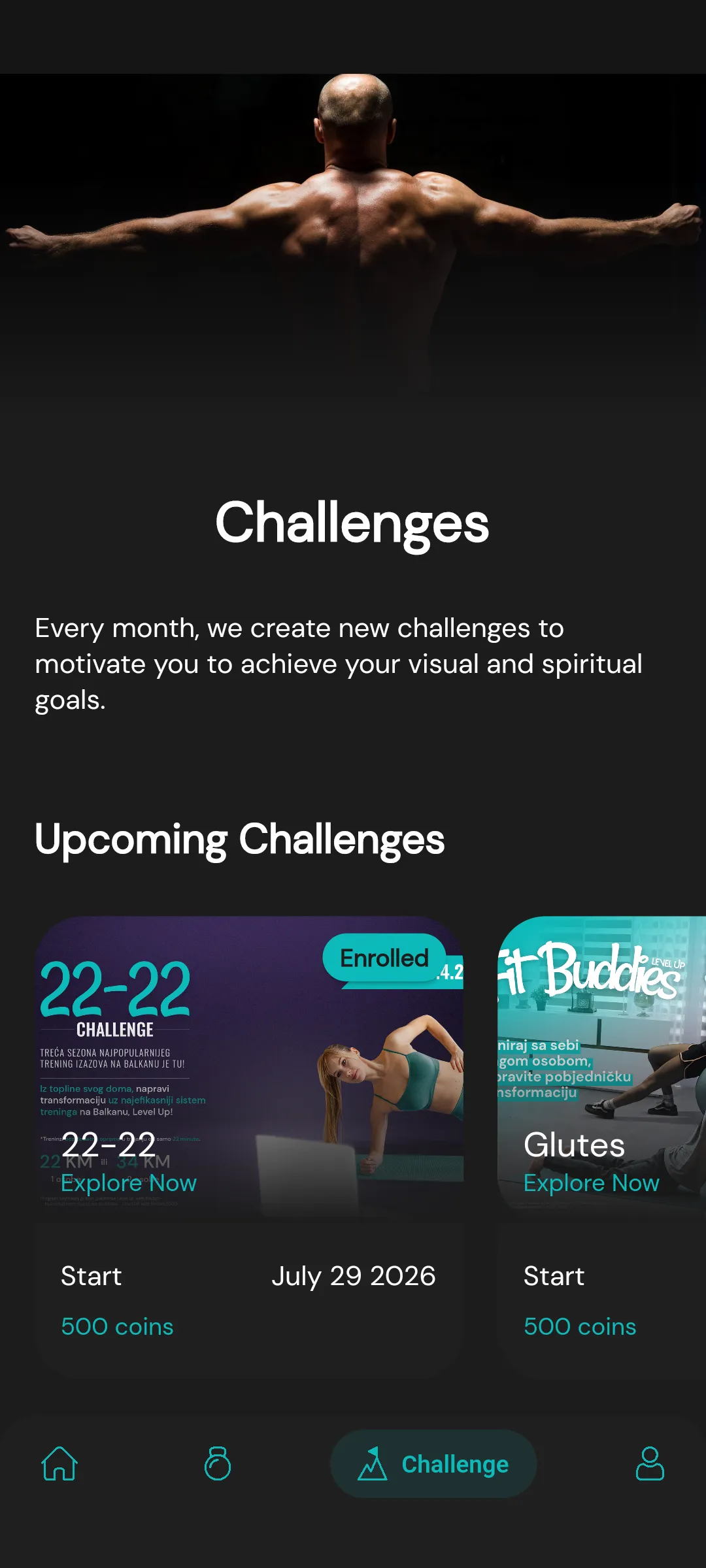 Challenges, one already marked as joined, with entry priced in coins