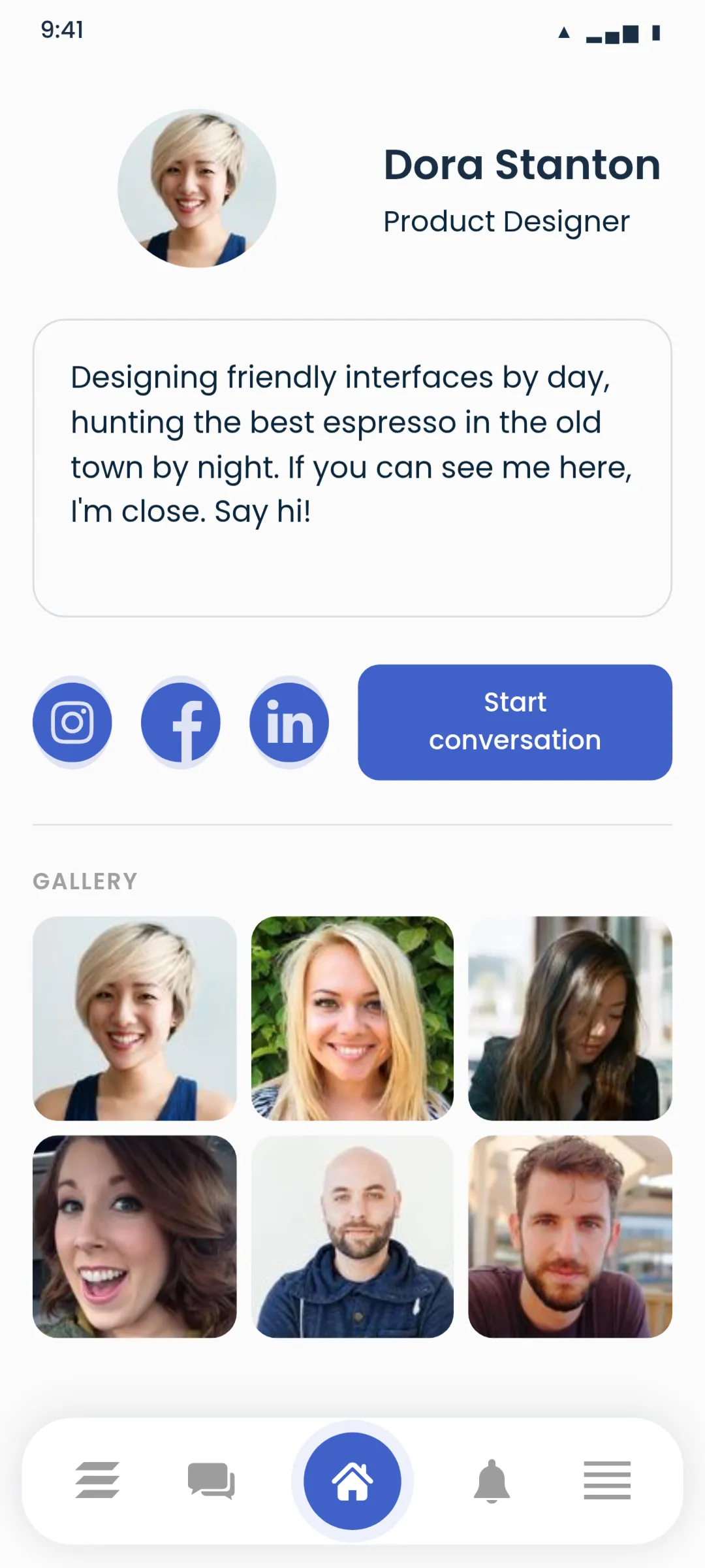 A profile opens on the profession, and the only button leads into a conversation